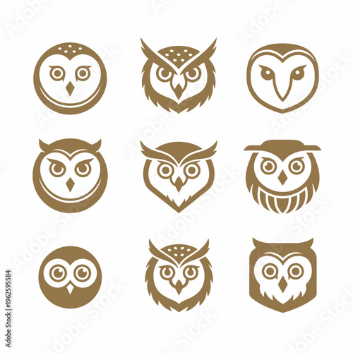 Collection of owl face icons brown.