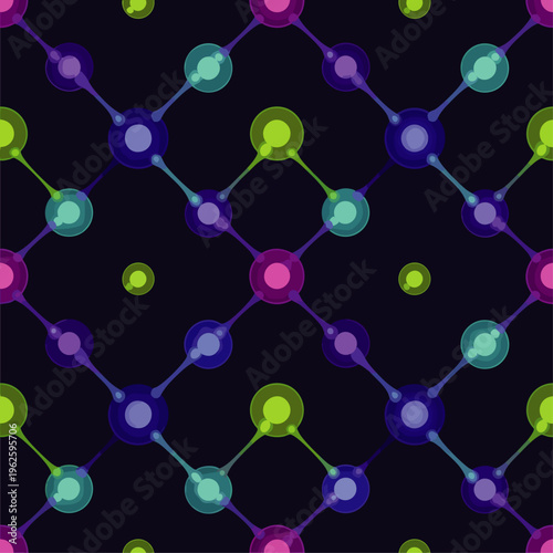 Abstract seamless pattern of glowing molecules connected by lines on a dark background, digital art