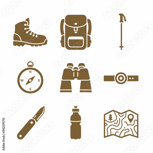Hiking gear and accessories icons set.