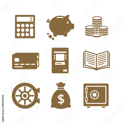 Financial icons including money and calculator.