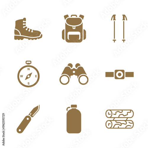 Hiking gear and outdoor equipment icons.