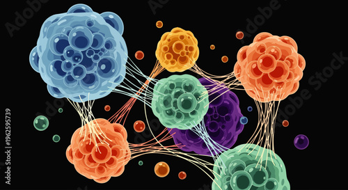 Abstract visualization of colorful virus particles or cells connected by filaments on a black background, science illustration