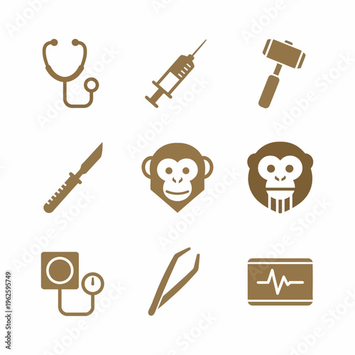 Medical instruments and monkey icons.
