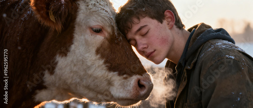 Jovem encostando a cabeca em vaca conexao com animais amor empatia natureza rural sensibilidade