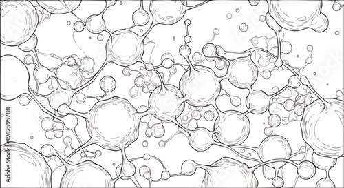 Abstract organic network illustration in a hand-drawn sketch style, depicting interconnected cells or bubbles for science, technology, and biological concepts.