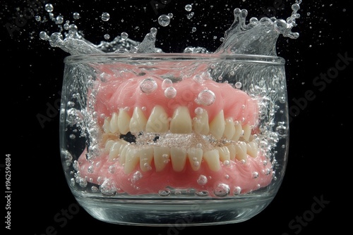 Full denture set splashing into a glass of water for cleaning