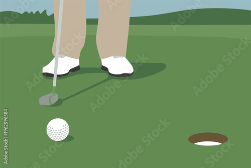 Golfer putting a golf ball on the green with copy space, golf gameplay concept