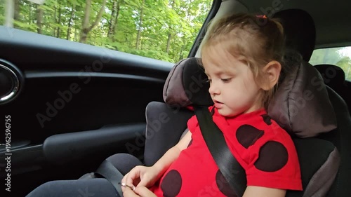 Little girl is sitting in a car seat with a red shirt and black polka dots. She is looking out the window