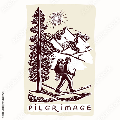 Iconic pilgrim walking in mountains scene motif for Santiago de Compostela camino pilgrimage road in Spain, Europe. Hand drawn black and white vector motif, isolated. For religious christian travel. 