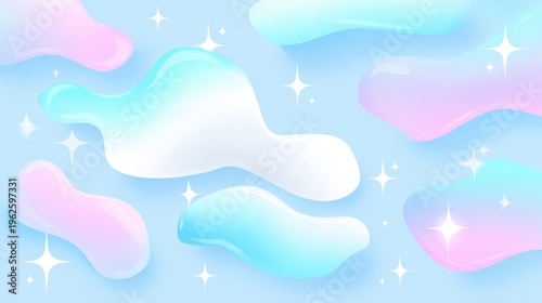 Abstract pastel fluid shapes with soft gradient colors and sparkling stars on blue background, dreamy modern decorative backdrop