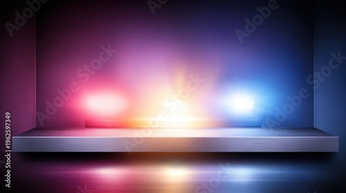 Glowing red blue and white lights on empty platform with reflection in dark minimal interior background