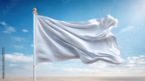 White flag waving on pole against blue sky with clouds, blank fabric banner in wind, minimal symbolic background