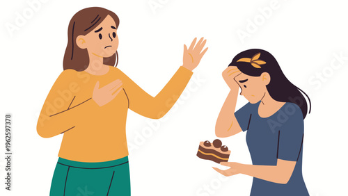 Two women having an argument over a piece of chocolate cake with strawberries