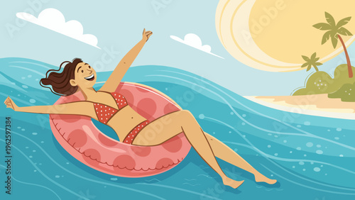 A cartoon woman relaxes on a pink inflatable ring in the ocean on a sunny day
