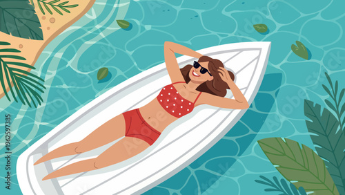 A woman in a red bikini relaxes on a white boat in the water surrounded by green leaves