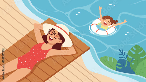 A cartoon illustration of two women enjoying a relaxing summer day by the pool