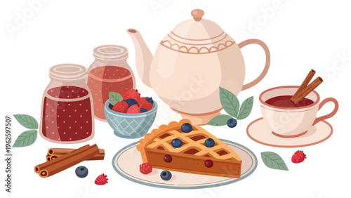 A warm and inviting still life of a tea set with waffles and berries on a plate