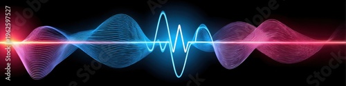 Neon sound wave with glowing light lines on dark background digital audio signal visualization