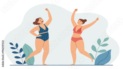 Two happy women in swimsuits dancing together in a playful and carefree atmosphere