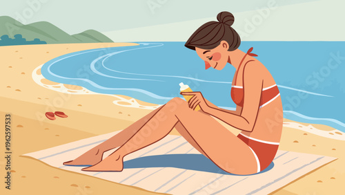 A woman applies sunscreen on a serene beach with a calm ocean and clear sky