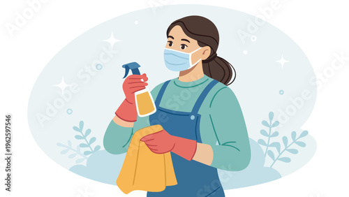 A cartoon woman wearing a face mask and gloves holds a spray bottle and cloth for cleaning