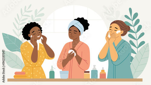 Three women in colorful robes applying skincare products in a bathroom with plants
