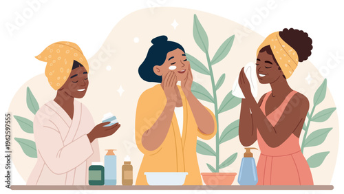 Three women enjoying a relaxing spa day together with skincare products and towels