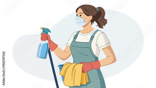 A cartoon woman wearing a face mask and gloves holds cleaning supplies and a bucket of yellow cloths.