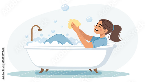 A cartoon woman relaxes and enjoys a bubble bath with a sponge