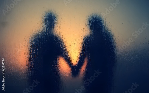 A blurred silhouette of a couple holding hands behind a foggy glass, symbolizing love, intimacy, and connection in a romantic atmosphere.