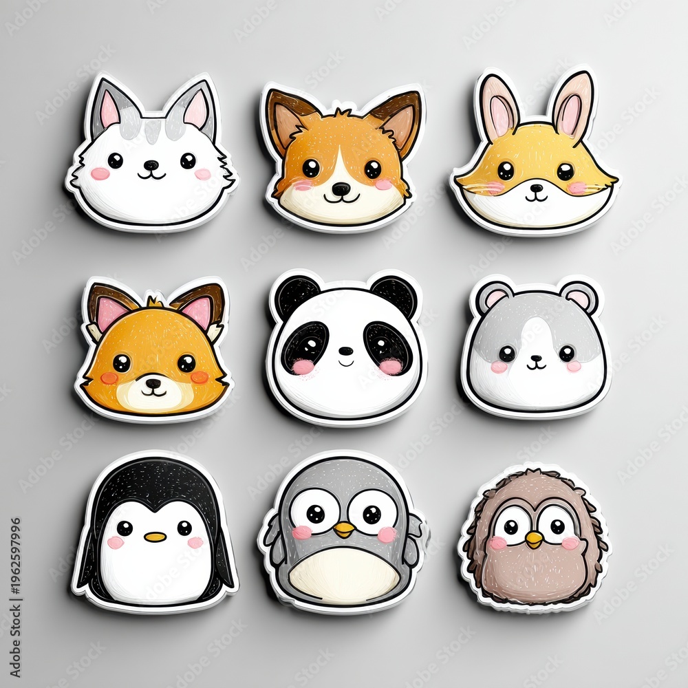 Fototapeta premium Cute Kawaii Animal Sticker Set Featuring a Cat, Dog, Fox, Rabbit, Bear, Panda, Penguin, Owl, and Hedgehog Arranged in a 3x3 Grid