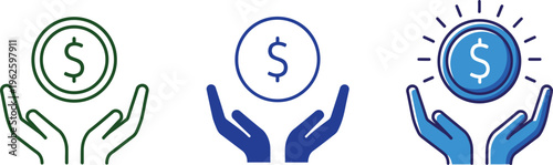 Three hands holding dollar coins with different colors and styles
