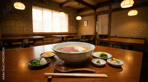 Bowl of noodle soup with egg and meat served with small side dishes of green onions, grated radish, tempura bits, and pickled vegetables on wooden table in empty restaurant interior with wooden spoon 
