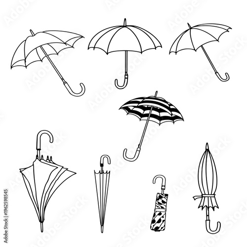 Collection of black outline umbrellas in various open and closed positions with transparent background
