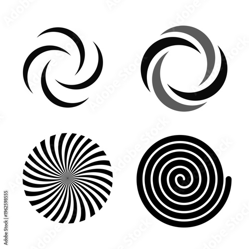 Four abstract swirl and spiral with transparency symbol black