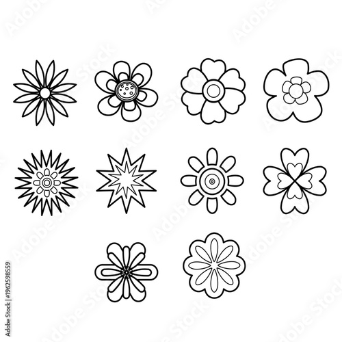 Collection of ten stylized black line flower with transparent background