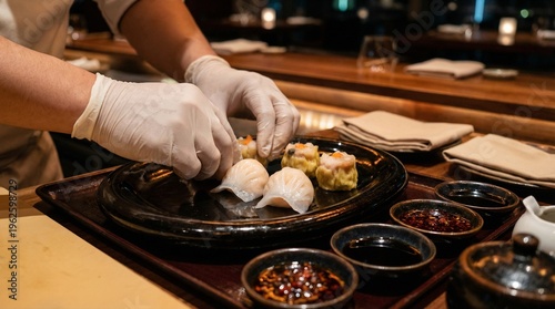 Chef with gloved hands arranging freshly made dim sum dumplings and siu mai on a black serving plate with soy sauce bowls on a wooden tray in a restaurant setting