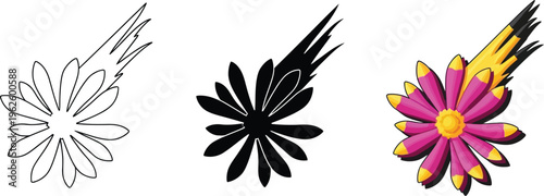 Dynamic stylized shooting star or magical flower icon set presented in outline silhouette and vibrant color variations ideal for game design and fantasy projects