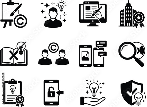Set of twelve professional business and intellectual property vector icons