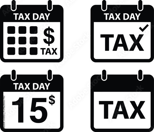 Black and white tax day calendar date icons for financial annual deadlines