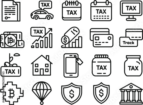 Digital finance tax and crypto currency outline icons for fintech platforms