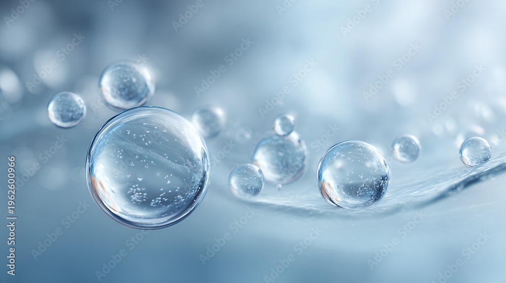 Fototapeta premium Clear Water Droplets on Soft Blue Background with Gentle Bokeh Effect
