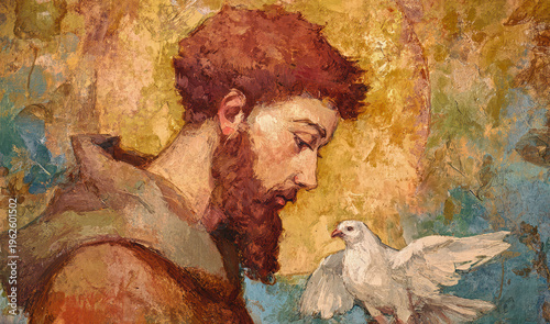 St. Francis of Assisi looks gently at a white dove, spiritual painting