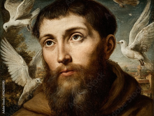 St. Francis of Assisi looking to the heavens, surrounded by flying white doves