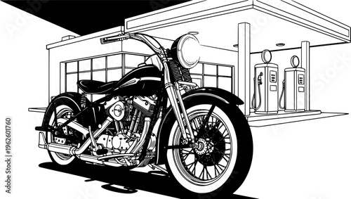 Vintage motorcycle vector silhouette. Classic motorcycle with gas station. Transparent background EPS version.