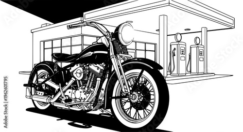 Vintage motorcycle vector silhouette. Classic motorcycle with gas station. Transparent background SVG version.