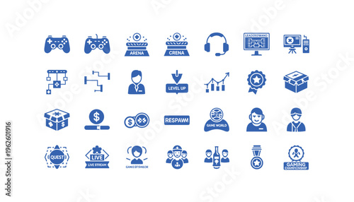 Collection of modern gaming and business icons in blue