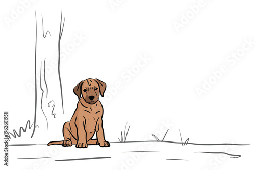 Cute Brown Puppy Sitting by a Tree Illustration with copy space, pet friendly concept