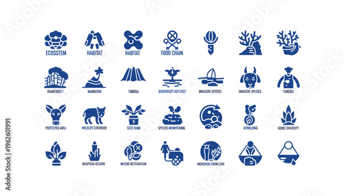 Collection of blue icons representing various environmental conservation concepts