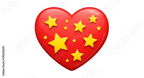 High-Resolution Glossy Red Heart with Multiple Yellow Stars — Cute Decorative Valentine or Celebration Icon on White Background